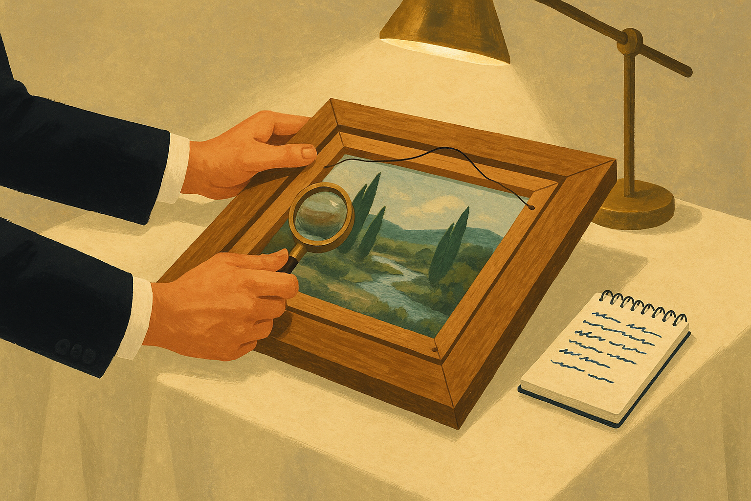 Person examining artwork in a gallery setting