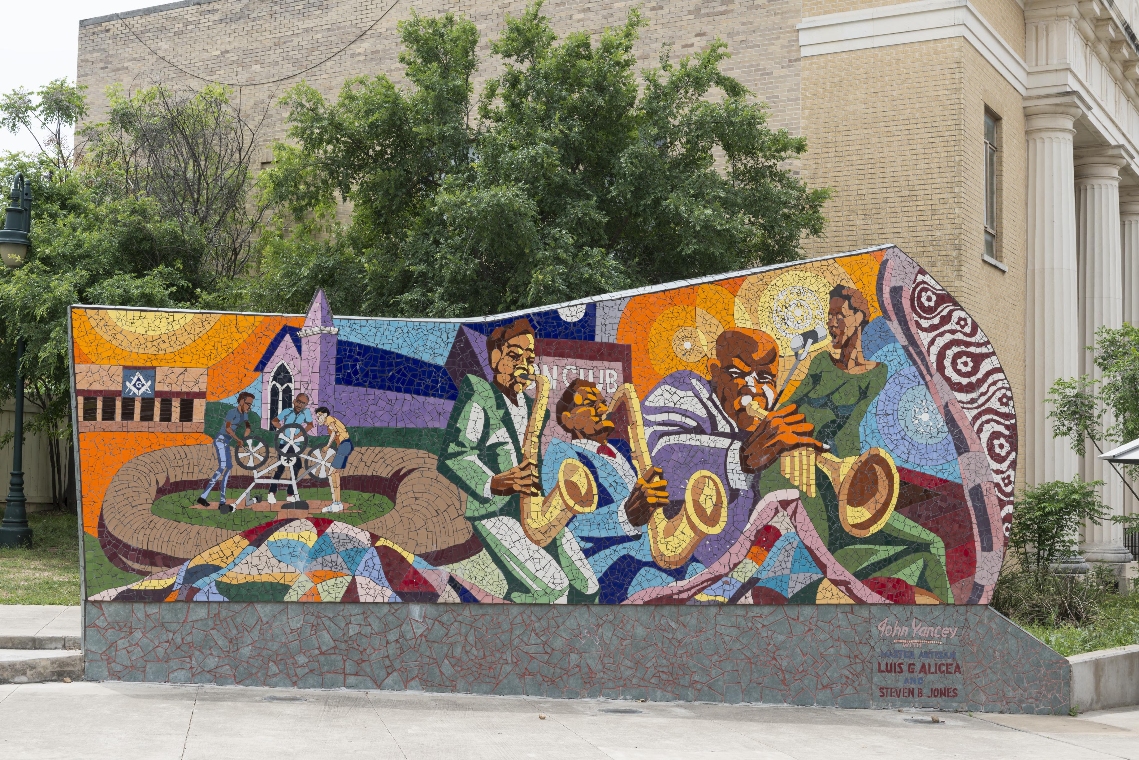 A vibrant mosaic mural in East Austin, reflecting the neighborhood's creative community and its blend of murals, sculpture, and installation art