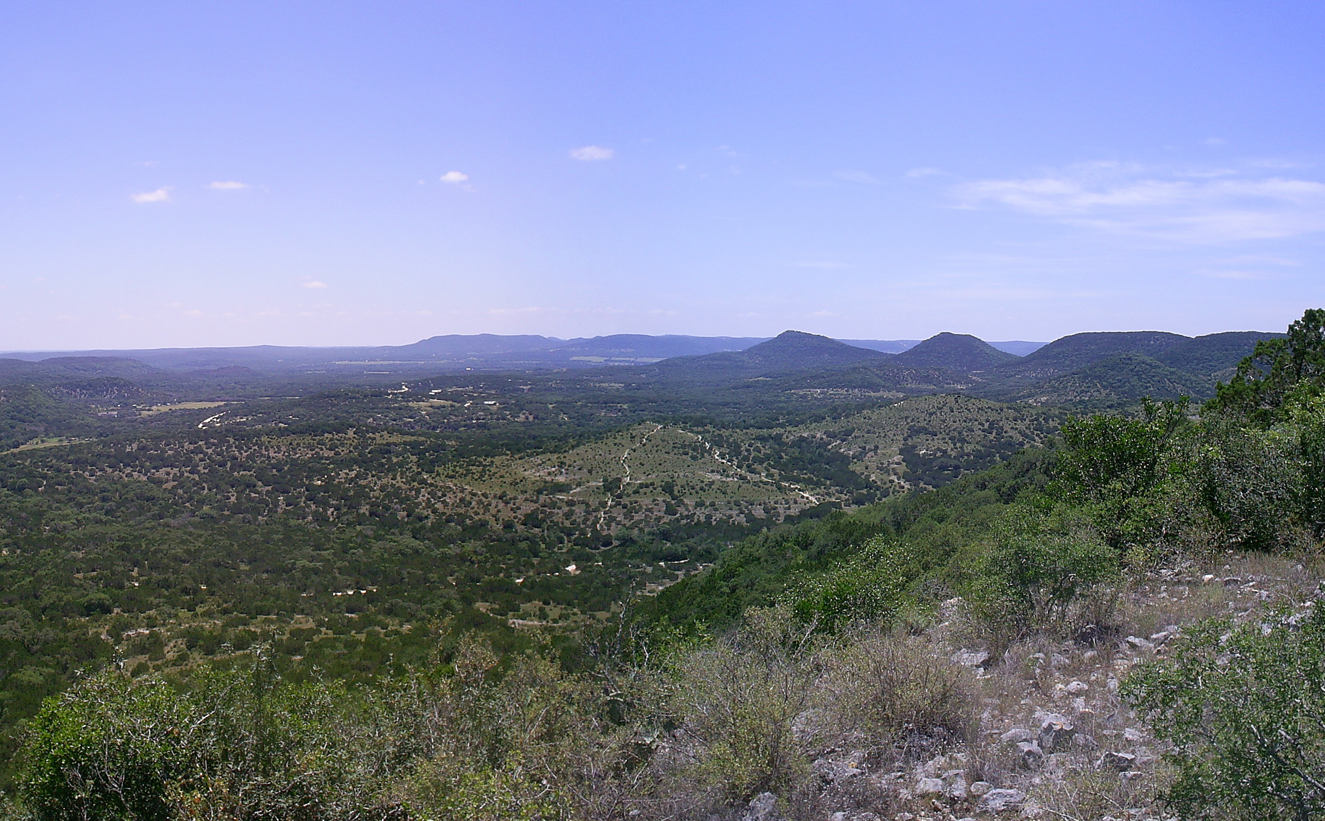 Panoramic view of the Texas Hill Country near Austin, the rolling landscape that has served as a backdrop for dozens of films from Blood Simple to True Grit