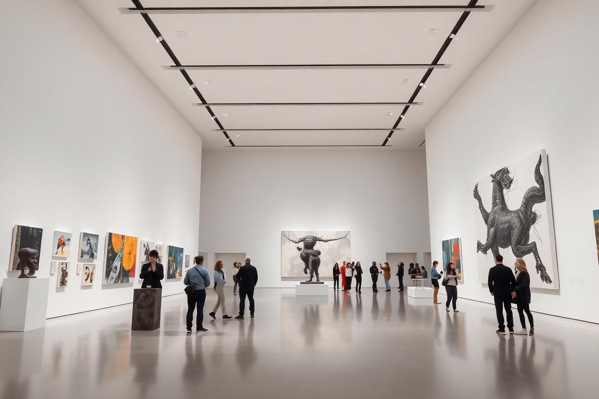 Gallery interior with paintings displayed on white walls and warm natural light