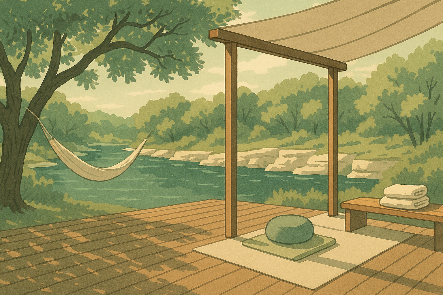 A serene Hill Country wellness retreat scene outside Austin — wooden deck overlooking a limestone creek with a hammock between oak trees and a meditation cushion under a canvas pergola