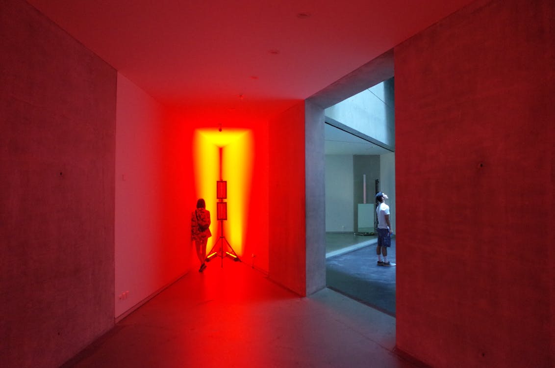 A collector carefully inspecting a framed painting on a gallery wall