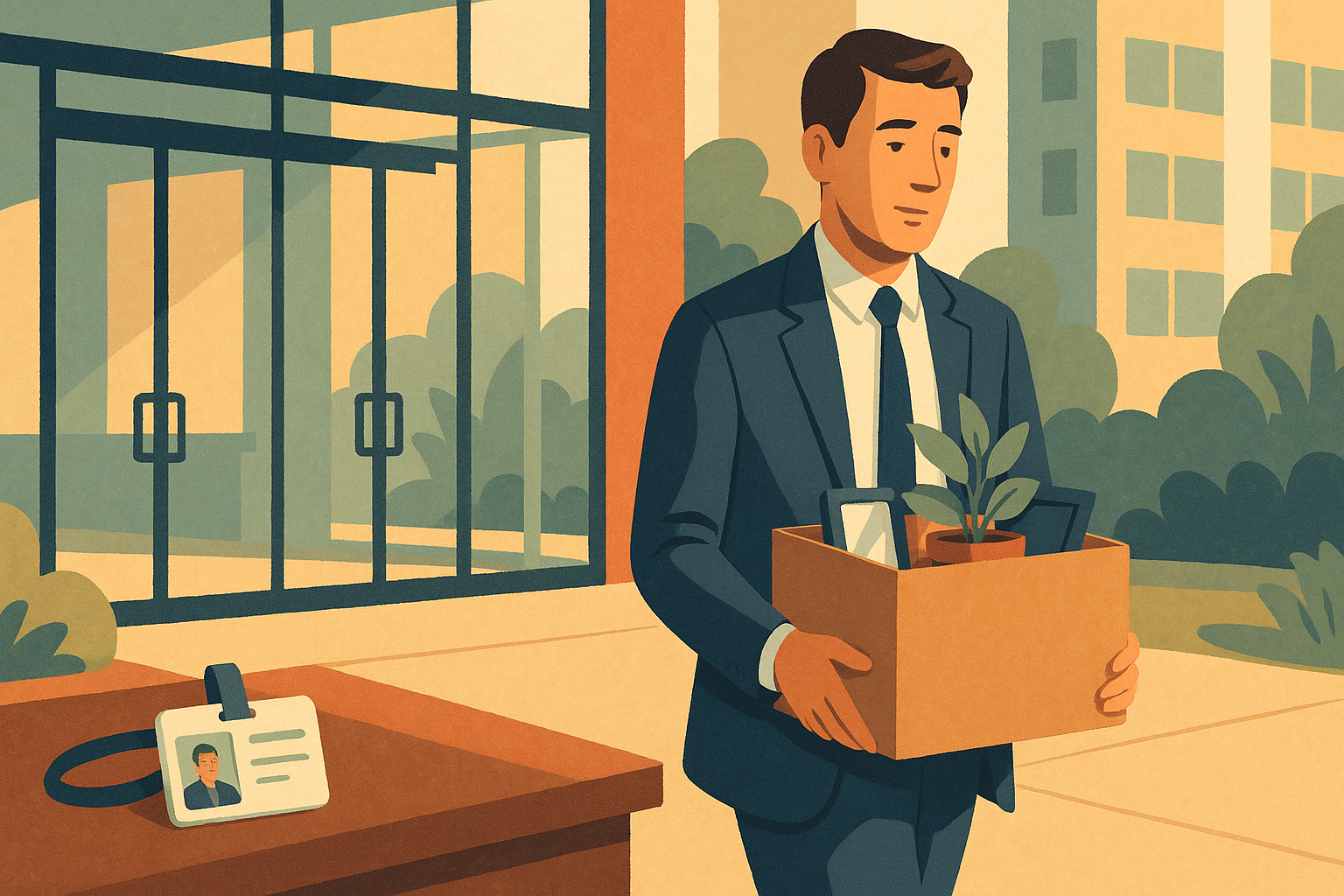 A worker leaving the office — box in hand, badge on the desk, another statistic in Dell's 27% workforce reduction