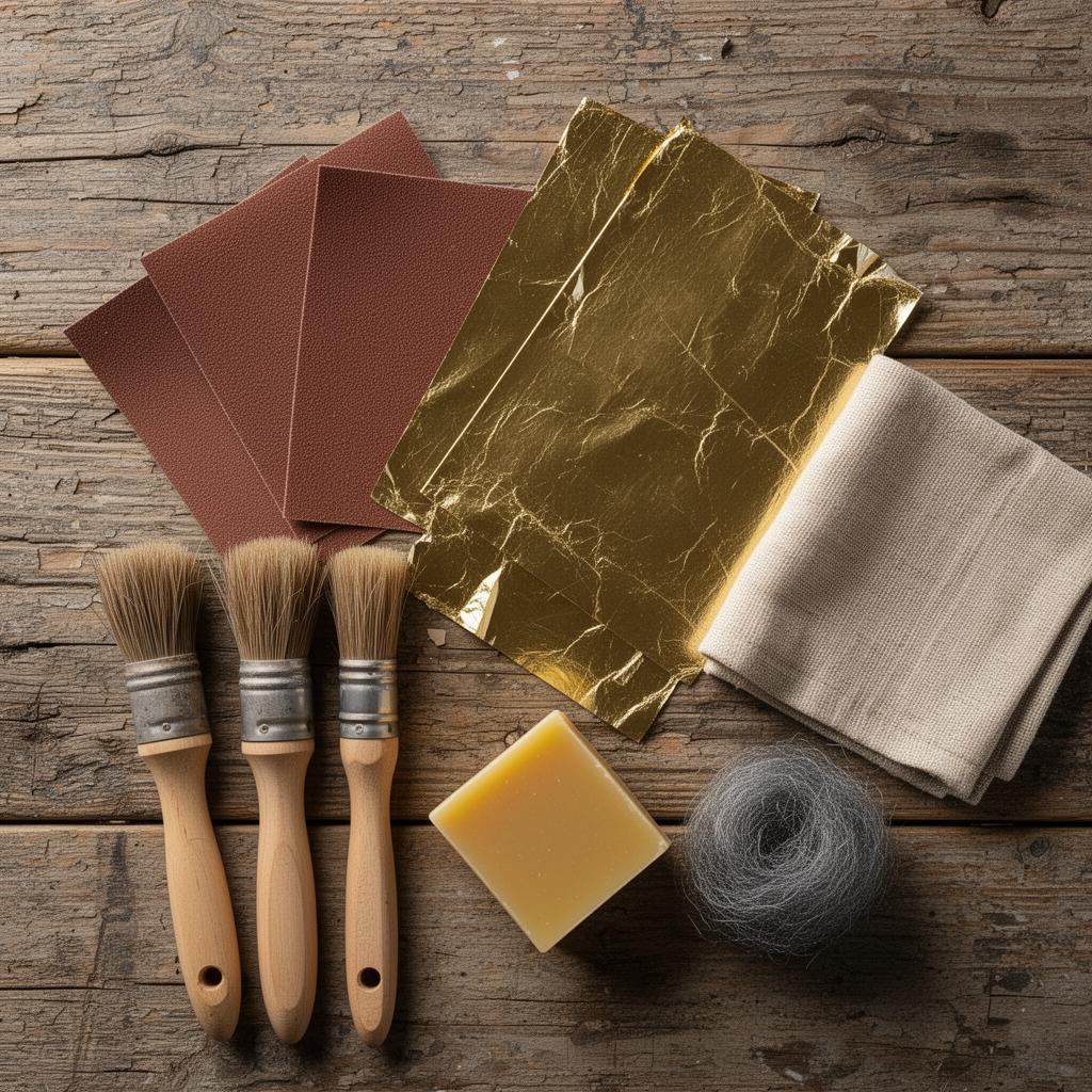 Frame restoration supplies flat lay including sandpaper, brushes, Rub n Buff, and paint
