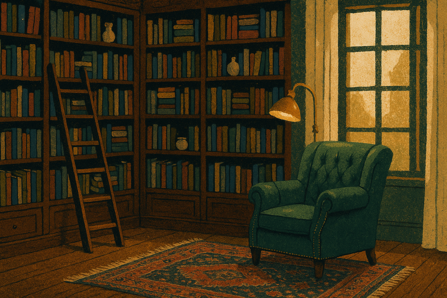 A cozy library interior with warm lighting and floor-to-ceiling bookshelves — the kind of atmosphere that classical homeschool families cultivate