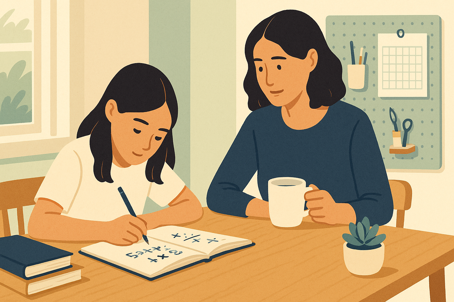 Mother and daughter studying together at a clean, bright table — the kind of intentional learning environment Austin homeschool families create