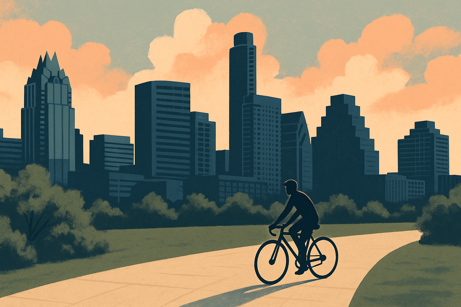 The Austin skyline from Lady Bird Lake — the waterfront that Oracle chose for its headquarters in 2020, four years before partially moving to Nashville