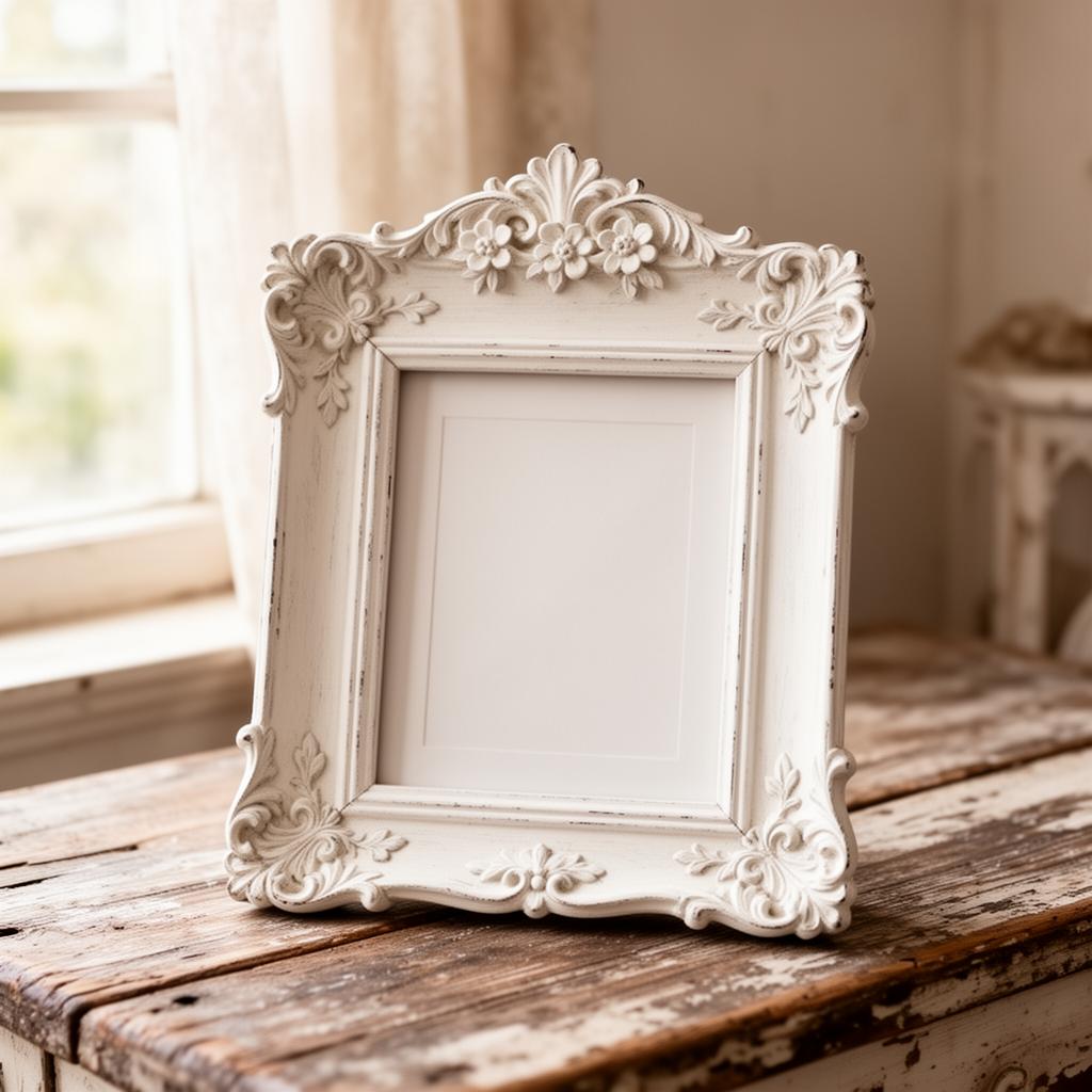 Shabby chic distressed white picture frame with romantic vintage appeal