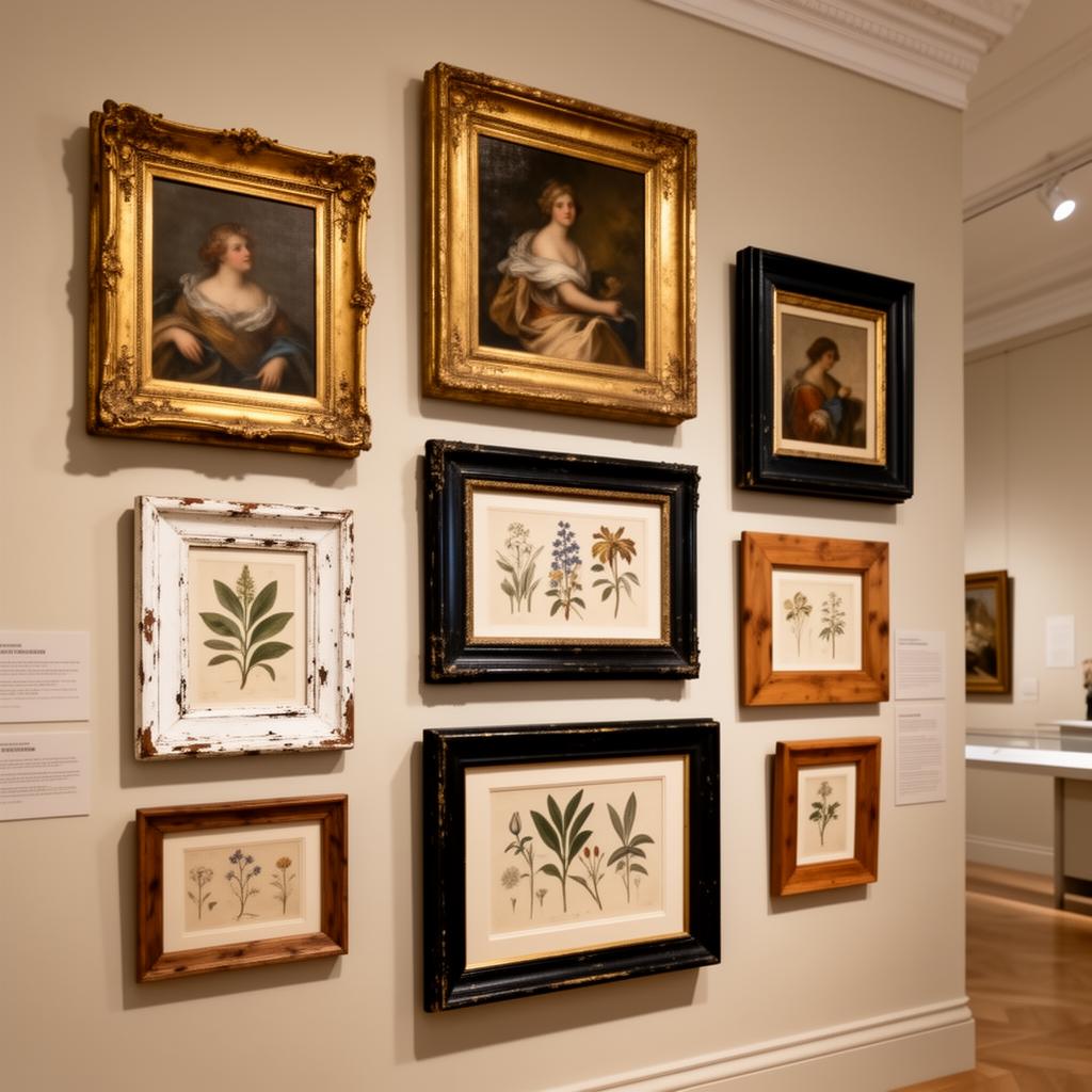 Gallery wall featuring restored vintage frames in various finishes